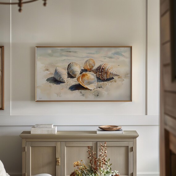Watercolor Seashell Painting Neutral Beach Shells Coastal Wall Art