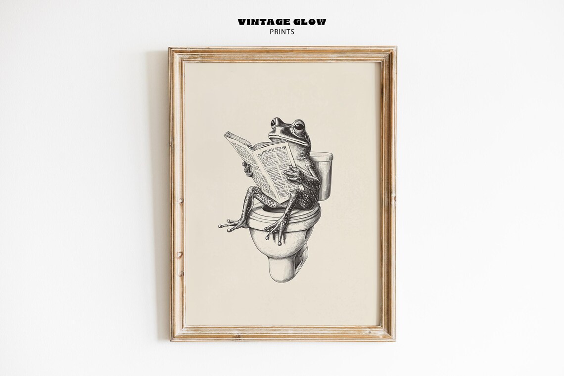 Retro Frog On Toilet Poster, Quirky Bathroom Decor