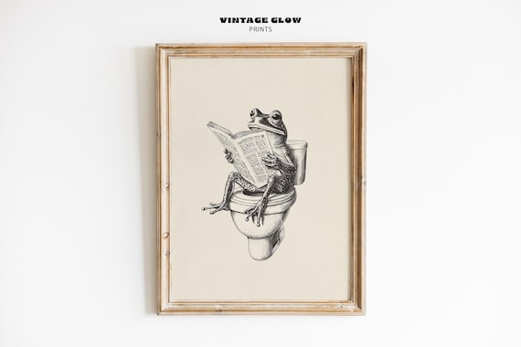 Retro Frog On Toilet Poster, Quirky Bathroom Decor