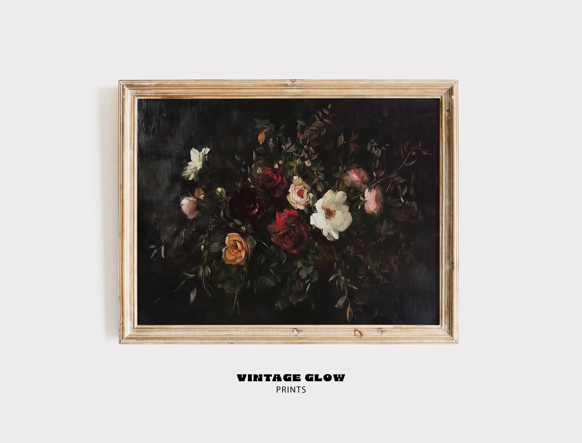 Moody Dark Floral Oil Painting Vintage Roses Botanical Art Poster