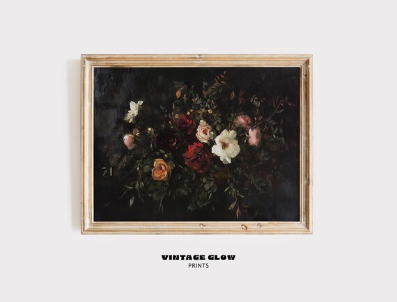 Moody Dark Floral Oil Painting Vintage Roses Botanical Art Poster