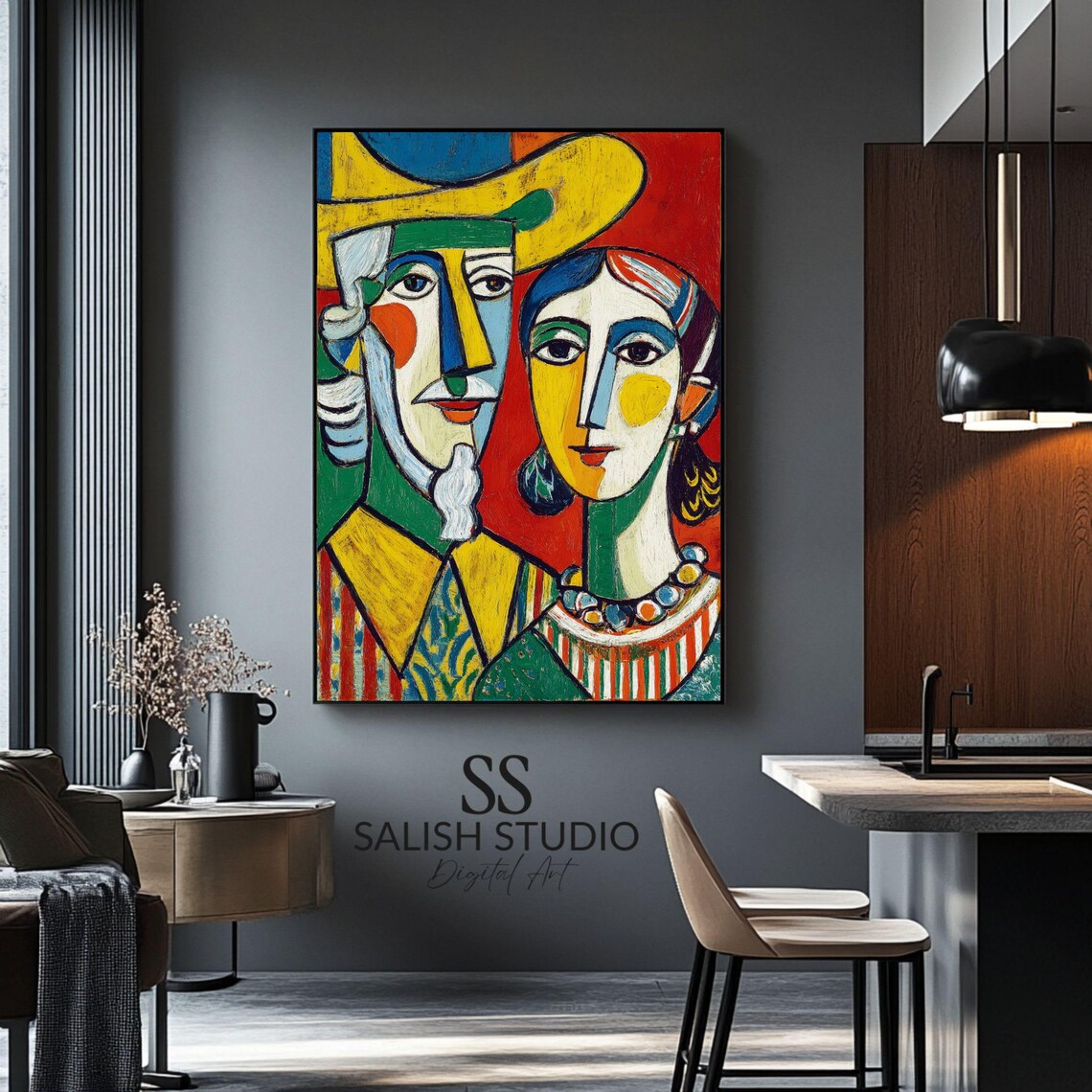 Cubist Couple Portrait Man Hat Woman Colorful Geometric Art Print