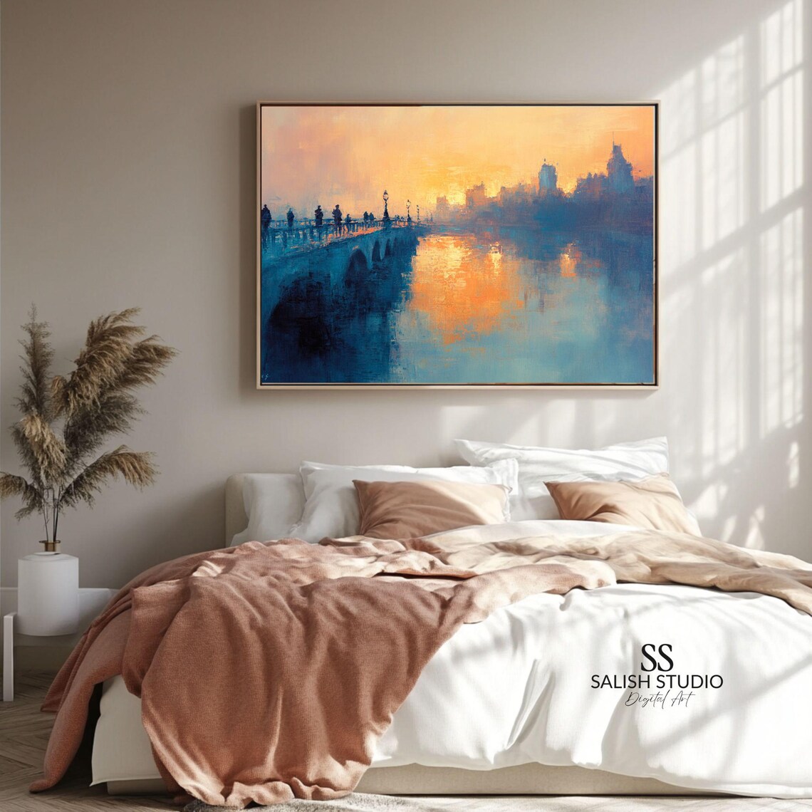 Rustic Dawn Bridge Impressionist Painting Golden River Cityscape Poster