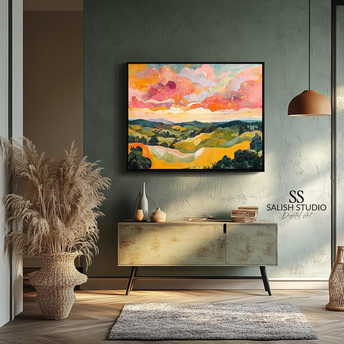 Joyful Colorful Rolling Hills Sunrise Landscape Painting Poster
