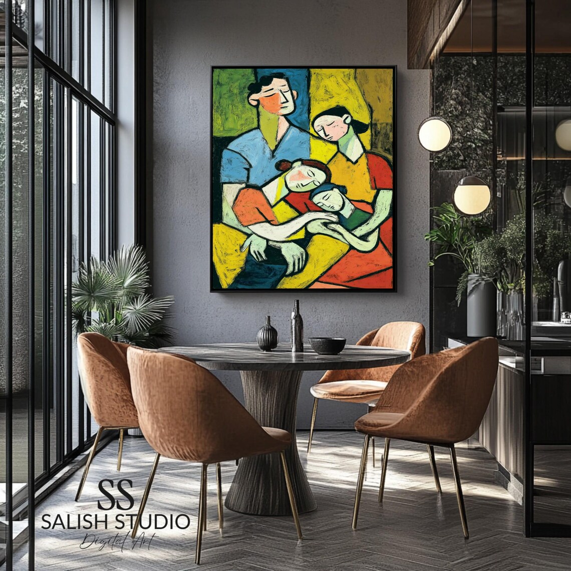 Modernist Family Portrait Poster with Four Figures Embracing in Cubist Style