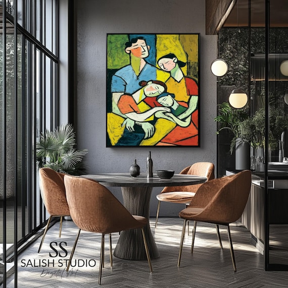 Modernist Family Portrait Poster with Four Figures Embracing in Cubist Style