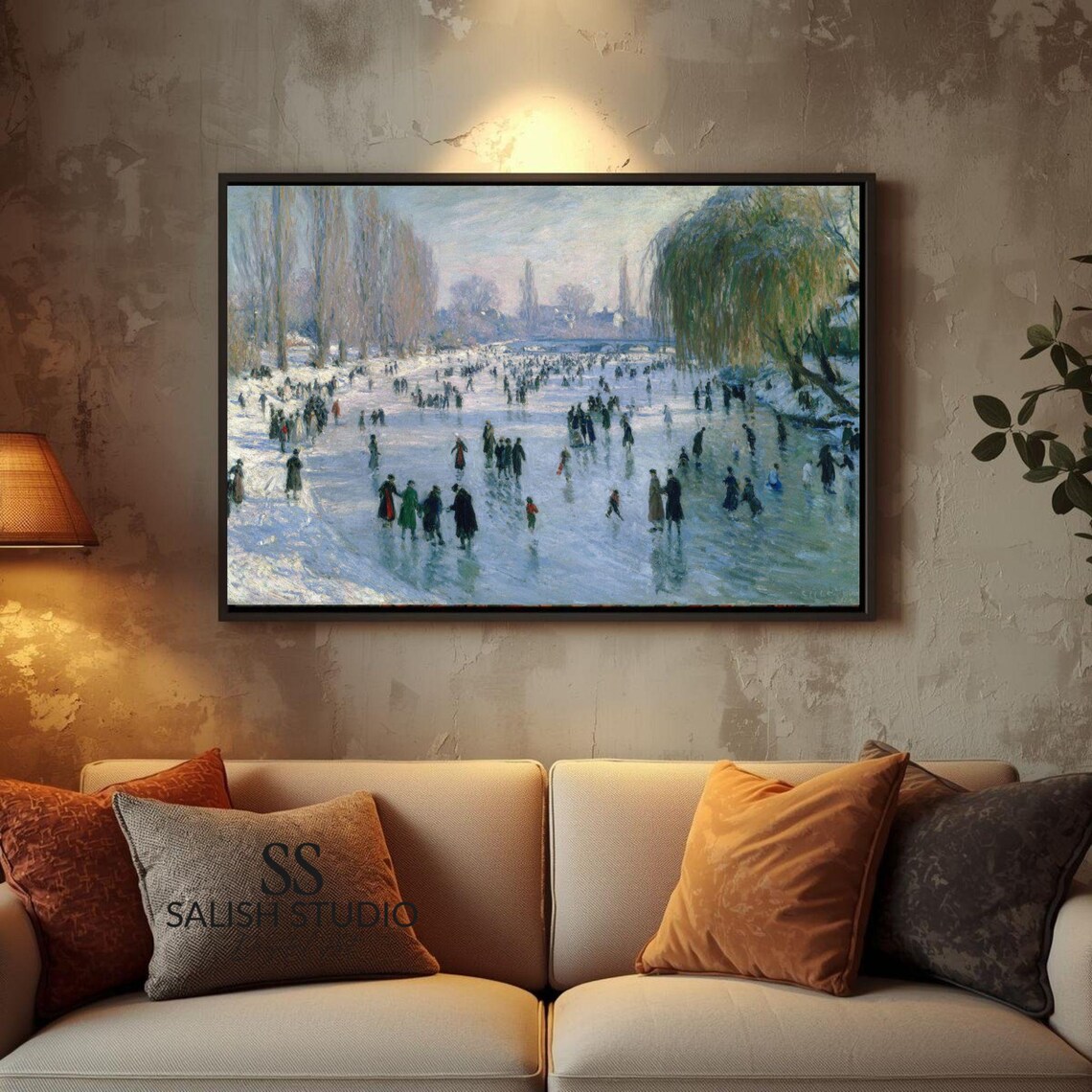 Vintage Ice Skaters Gliding on a Frozen Pond Winter Impressionist Poster
