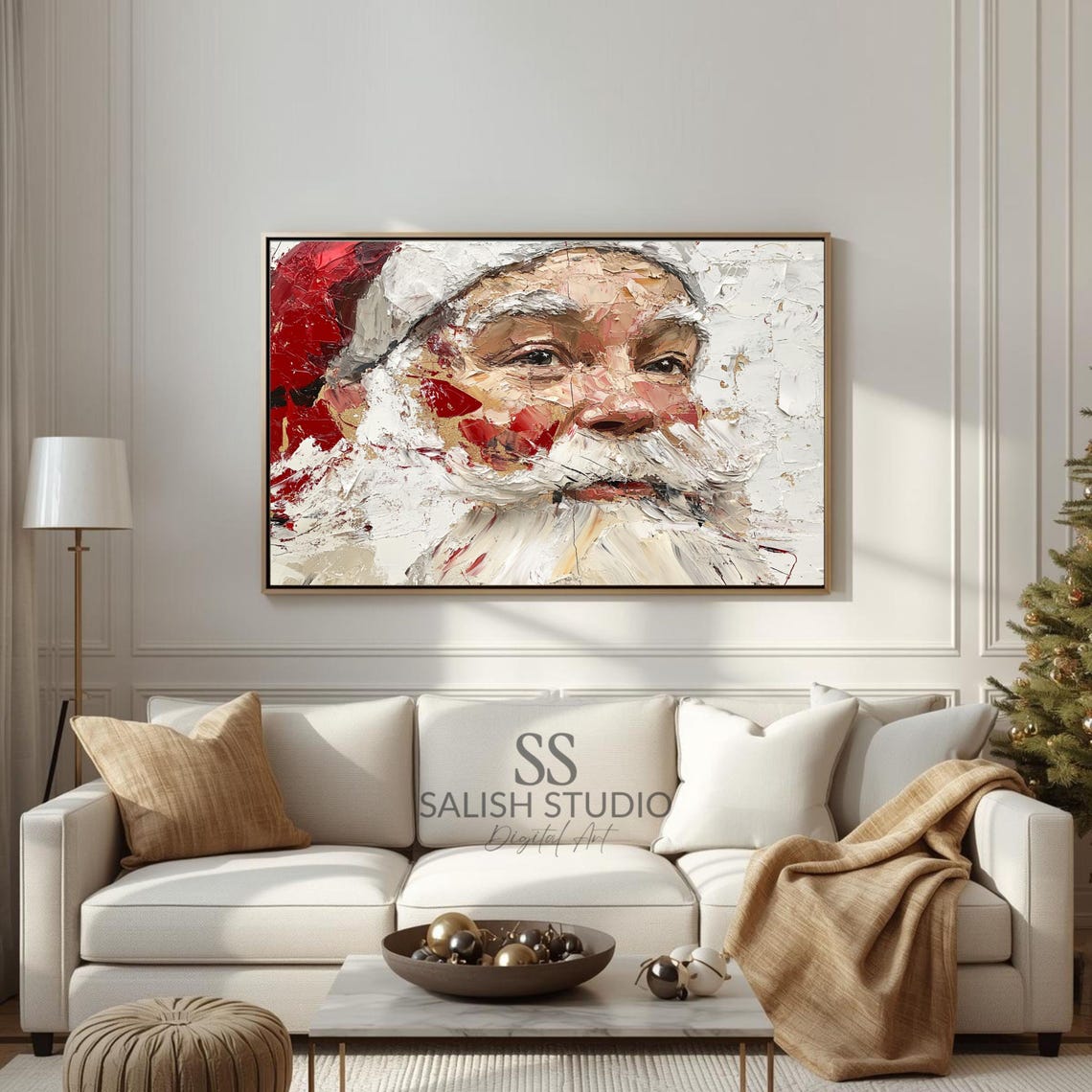 Vintage Santa Claus Face Close Up Textured Oil Painting Christmas Holiday Print
