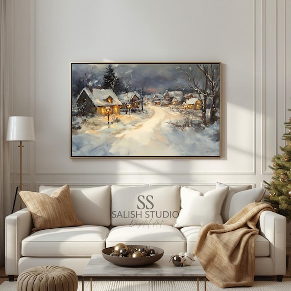 Snowy Village Winter Night Painting Warm Lantern Glow Rustic Holiday Poster