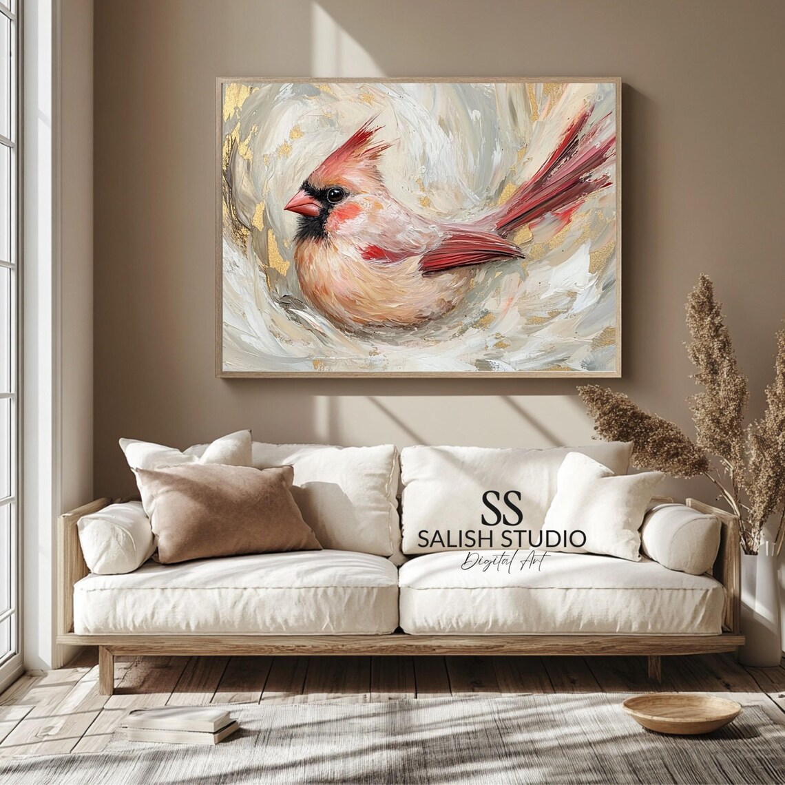 Elegant Female Cardinal Bird Gold Leaf Swirl Painting Poster