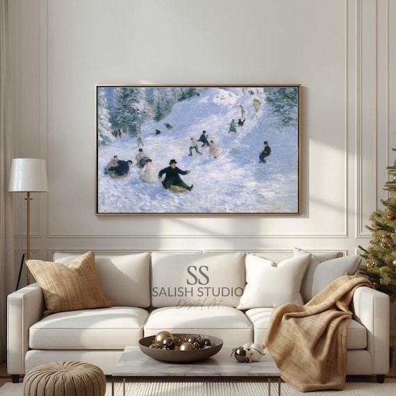 Winter Sledding Family Fun Vintage Snow Hill Print Joyful Scene