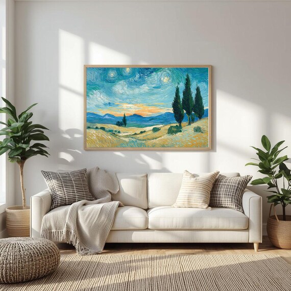 Van Gogh Style Cypress Trees Golden Wheat Field Sunset Sky Art Poster