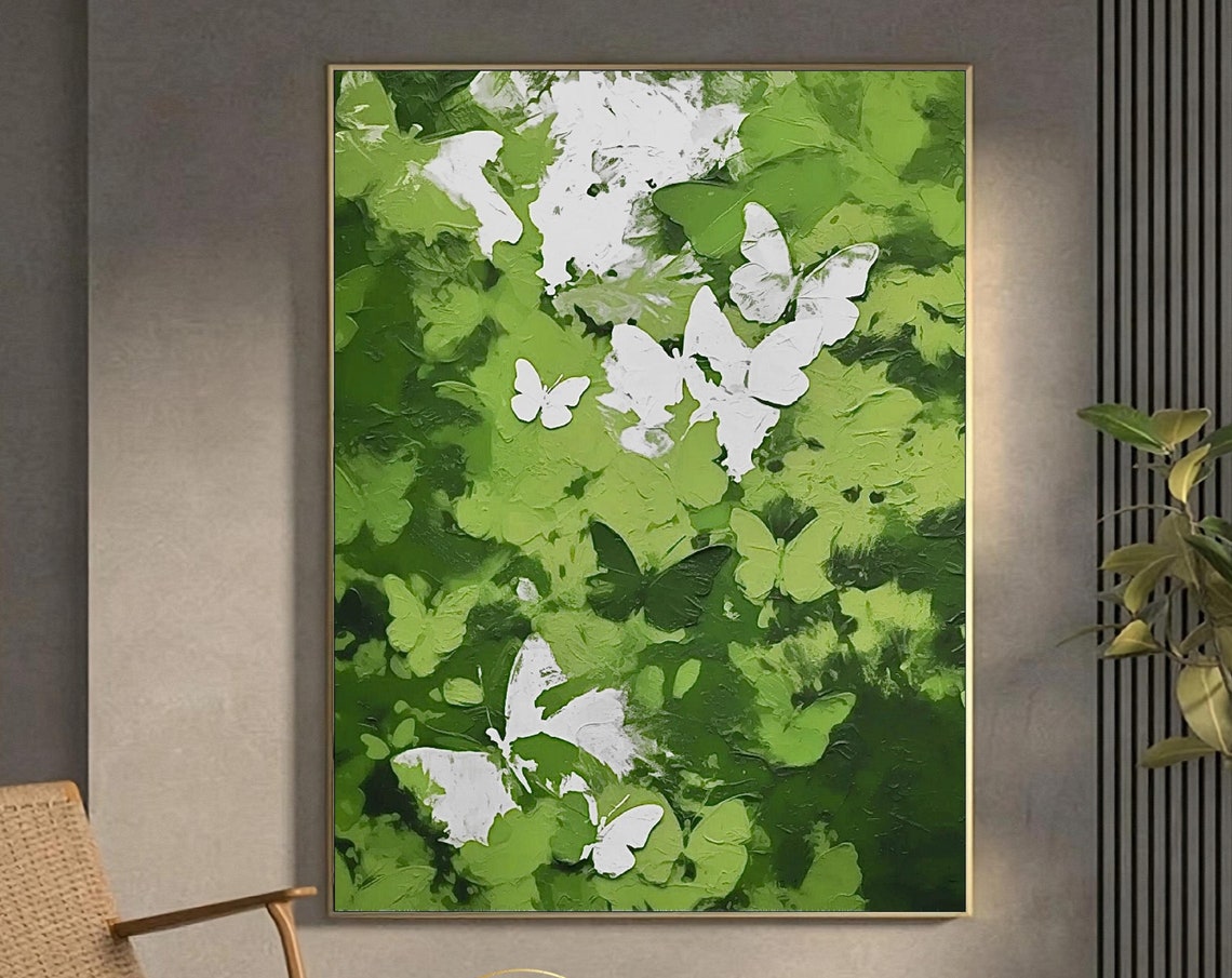 White Butterflies Rising Over Deep Green Textured Abstract Poster
