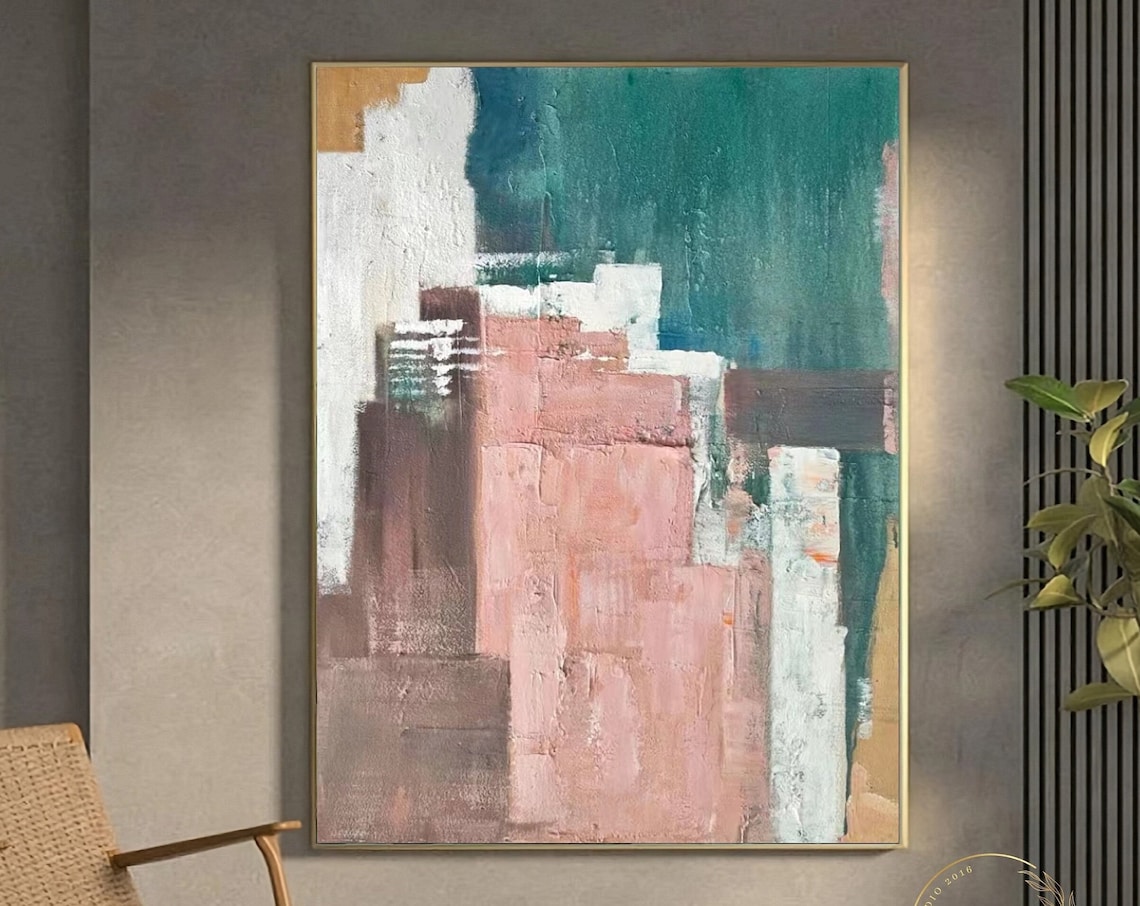 Textured Rose Pink Teal and Gold Blocks Abstract Painting Poster