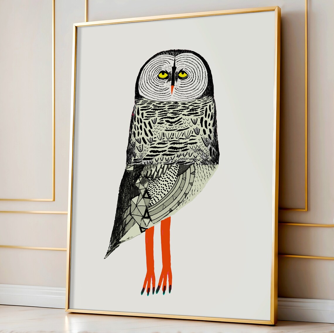 Monochrome Owl Illustration with Striking Red Legs Art Poster