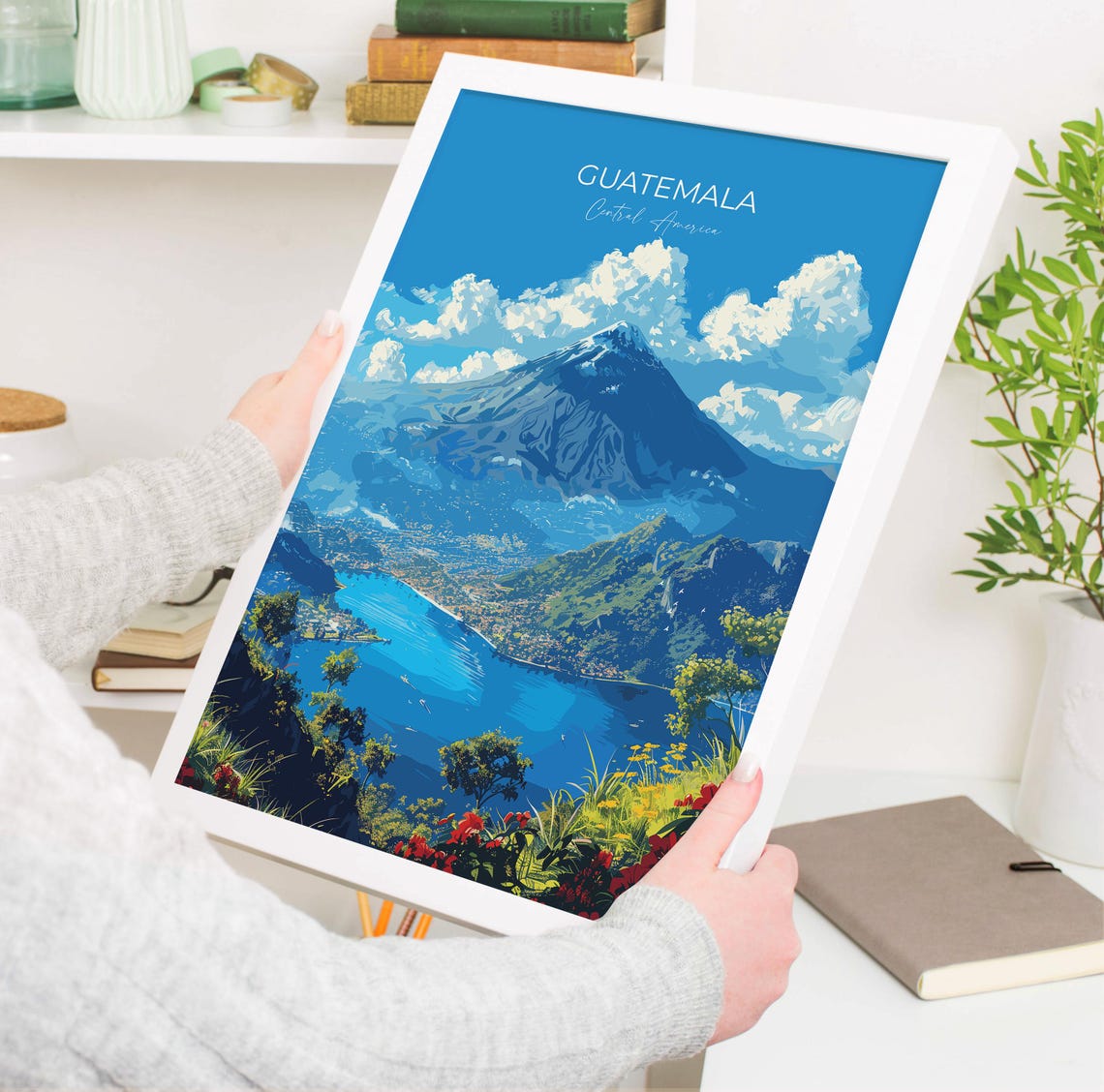 Guatemala Volcano Rising Over Blue Lake Full Bleed Travel Poster - Image 3