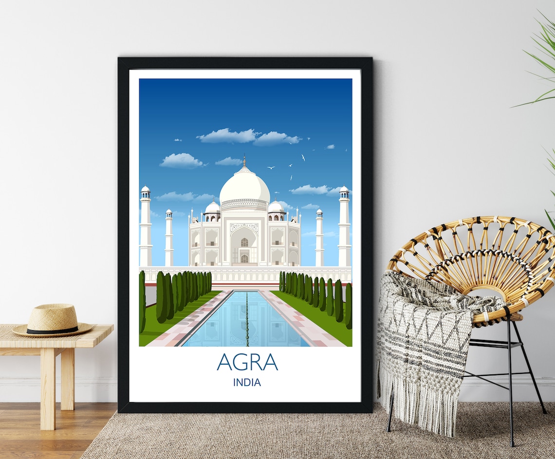 Agra India Taj Mahal Bright Day Gardens Pool Symmetry Art Poster