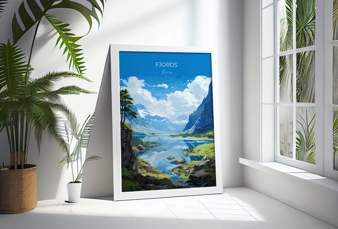 Fjords Norway Rocky Cliff Pine Lake Vintage Style Travel Poster - Image 3