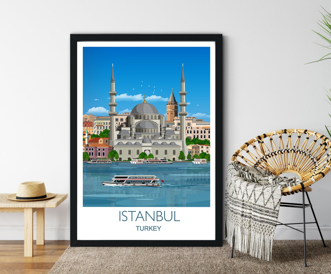 Istanbul Turkey Mosque Waterfront Ferries Skyline Travel Poster