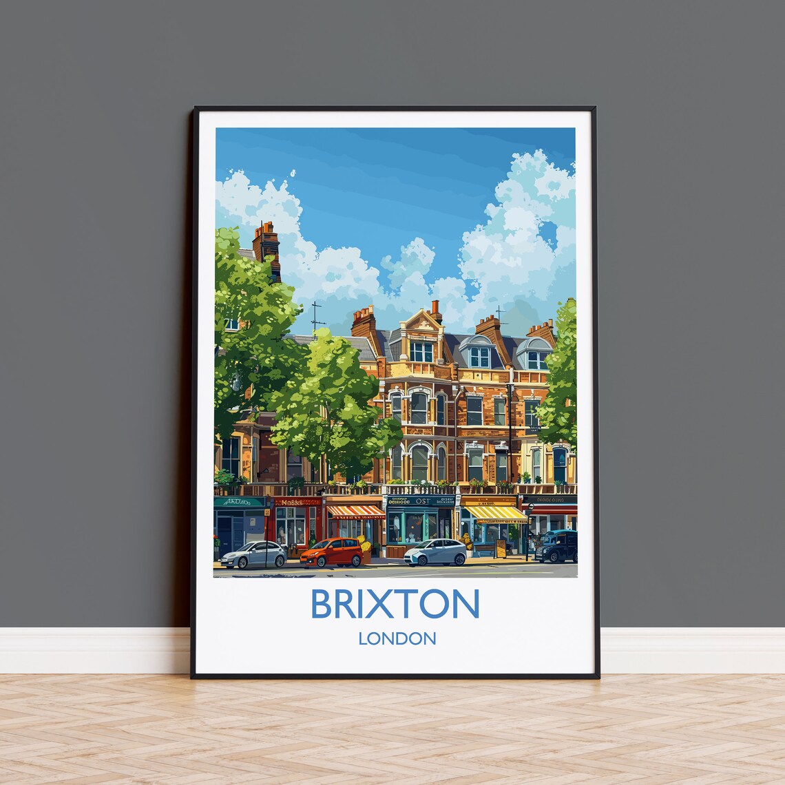 Brixton London High Street Shops Awnings Summer Day Travel Poster