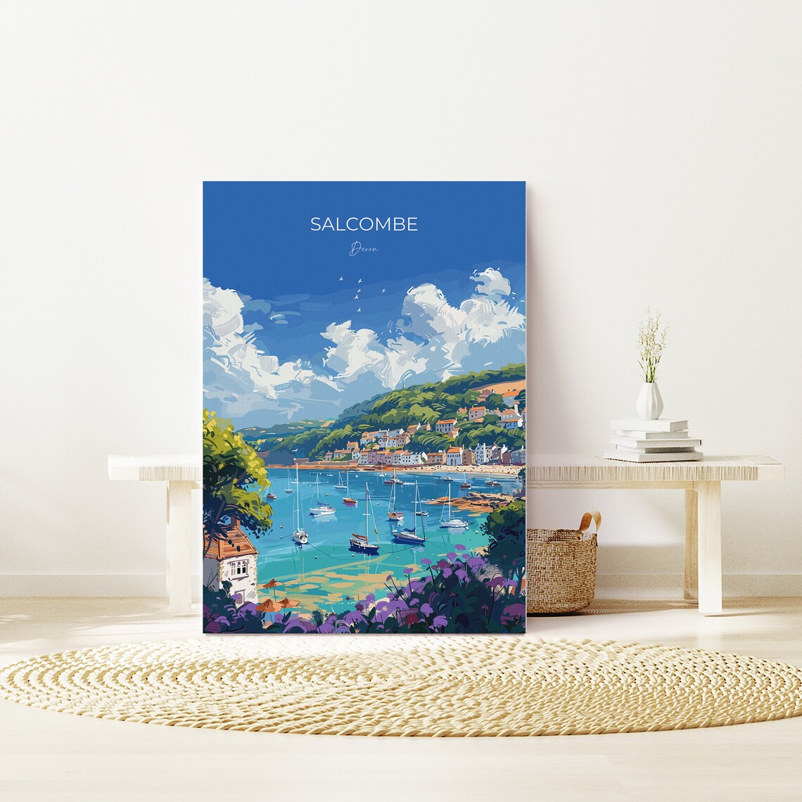 Salcombe Devon Marina View Moored Yachts Green Hills Travel Poster - Image 2