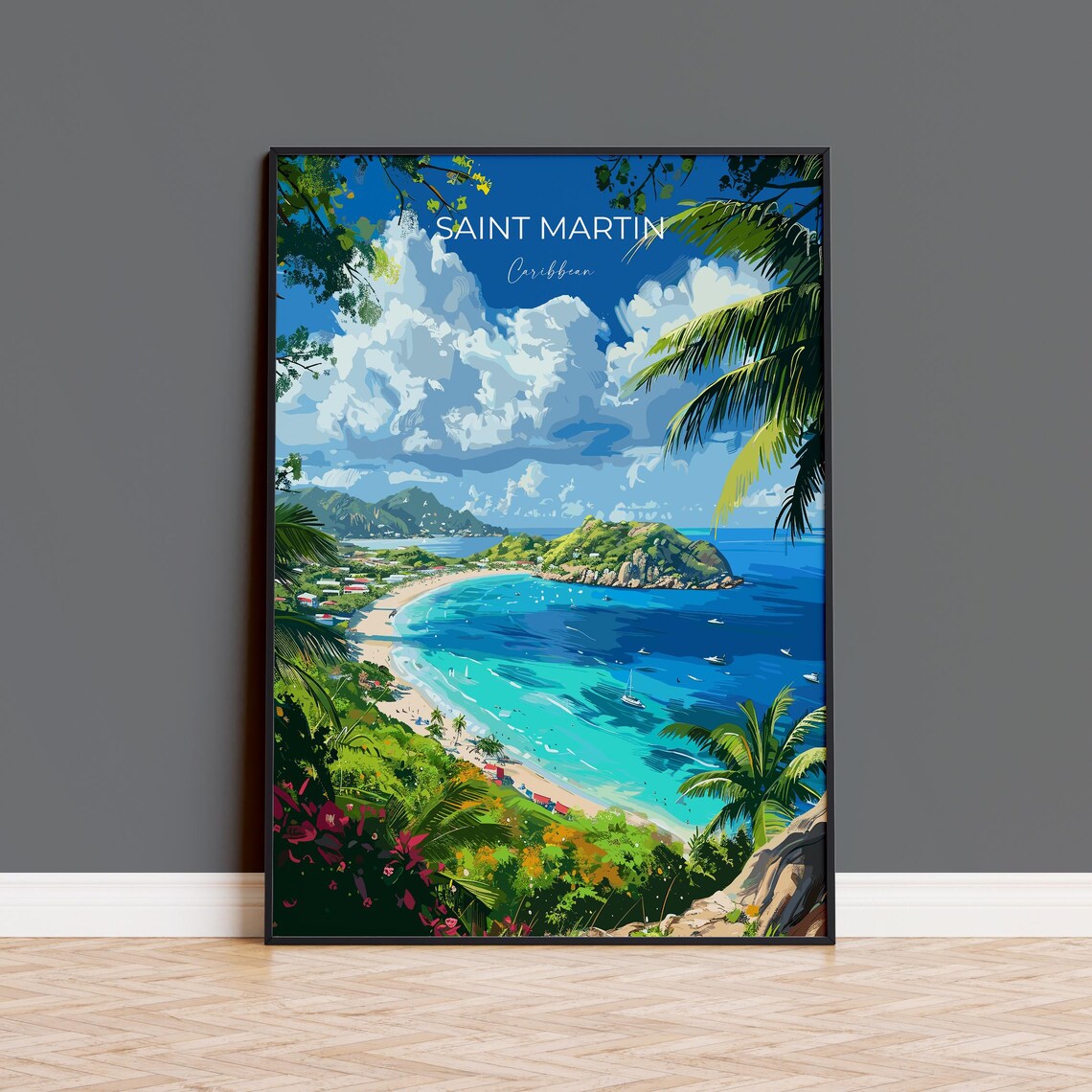 Saint Martin Caribbean Turquoise Bay Island Sailboats Travel Poster