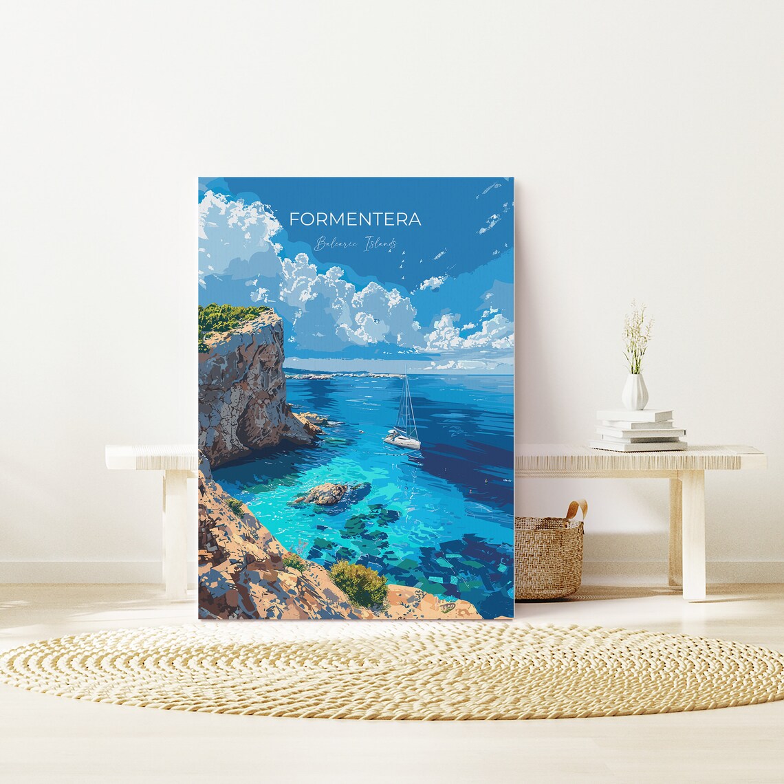 Formentera Balearic Islands Rocky Cove Sailboat View Travel Poster - Image 2