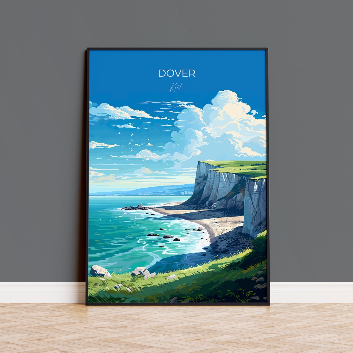 Dover Kent Travel Poster White Cliffs Turquoise Sea Beach Scene