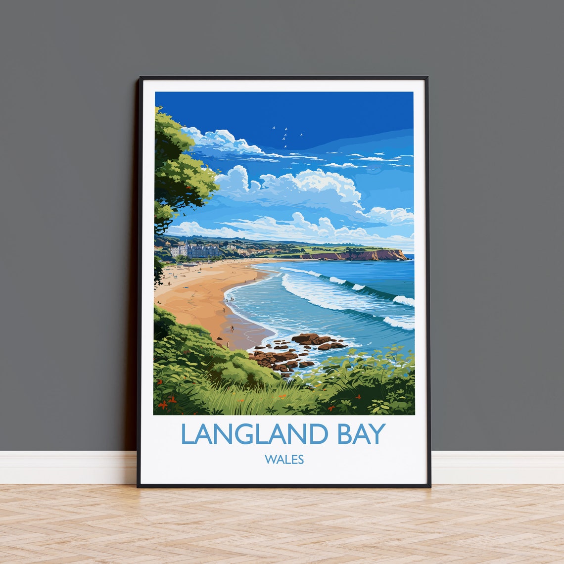 Langland Bay Wales Beach Travel Poster Coastal Waves and Cliffs