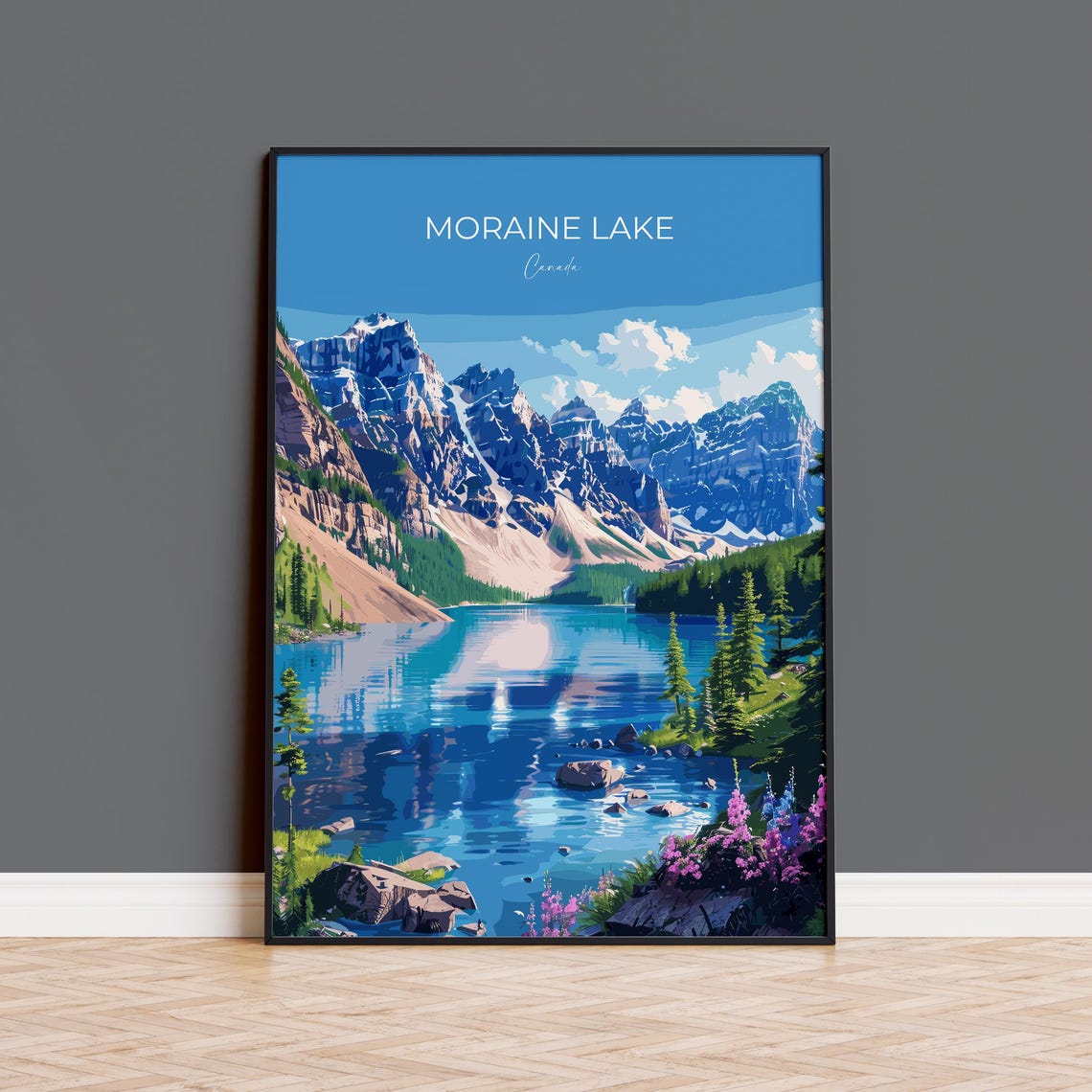 Moraine Lake Canada Mountain Reflection Top Lettering Travel Poster
