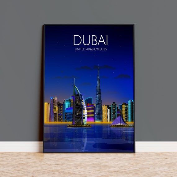 Dubai At Night Travel Poster, United Arab Emirates