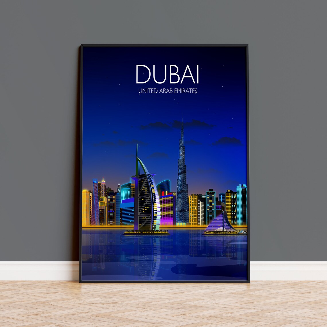 Dubai At Night Travel Poster, United Arab Emirates