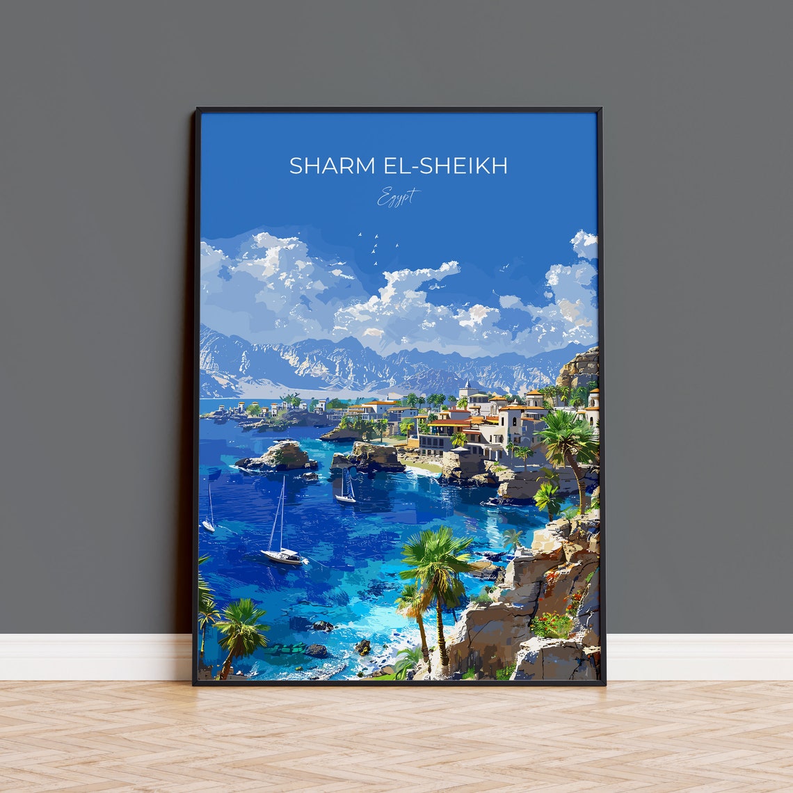 Sharm El Sheikh Egypt Sailboat Cove Cliffs Red Sea Coast Travel Poster