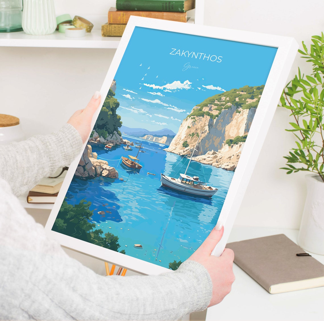 Zakynthos Greece Turquoise Harbor Boats Cliff View Travel Poster - Image 5