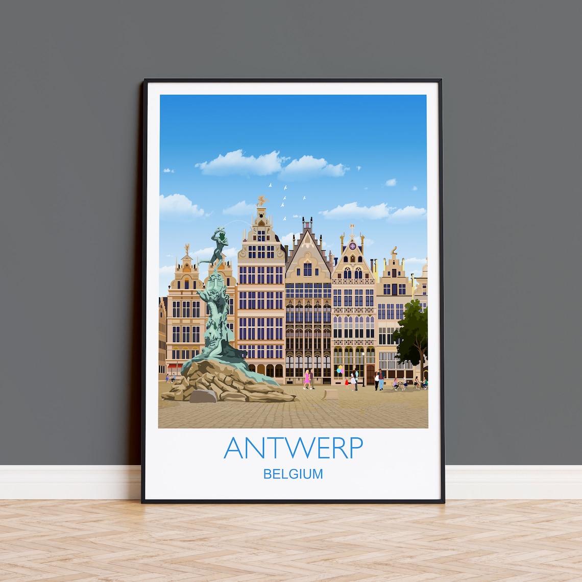 Antwerp Belgium Grote Markt Brabo Statue Guild Houses Travel Poster