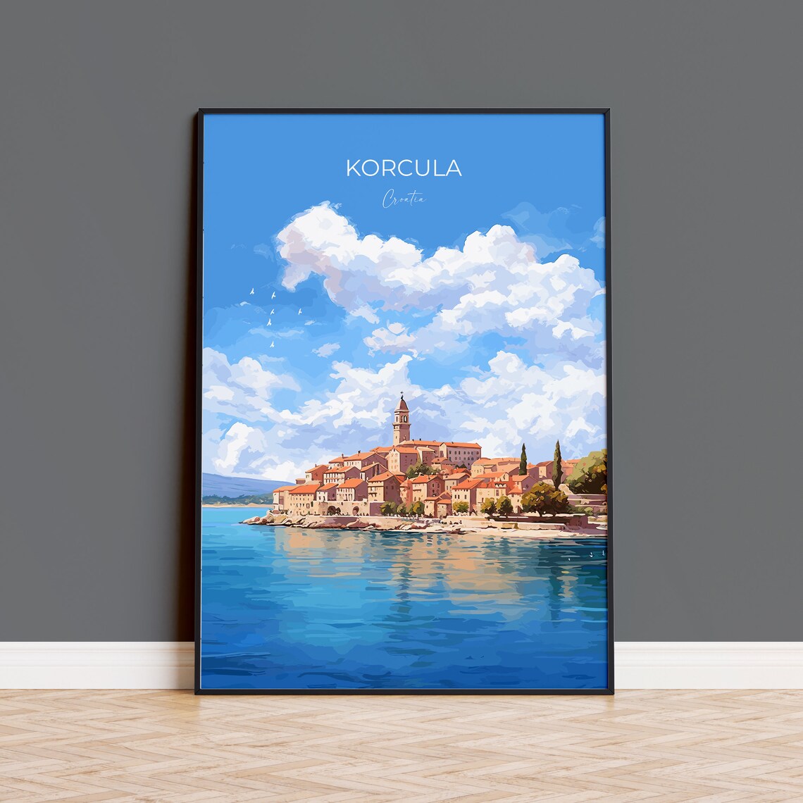 Korcula Croatia Island Old Town Bell Tower Over the Sea Travel Poster