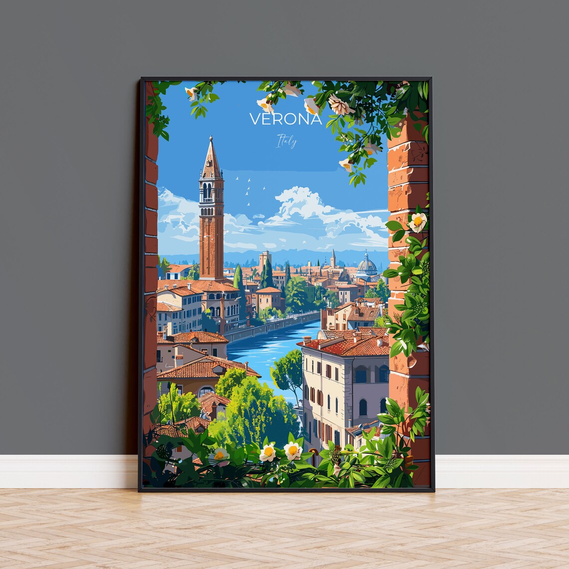 Verona Italy Bell Tower Archway Vine Framed View Travel Poster
