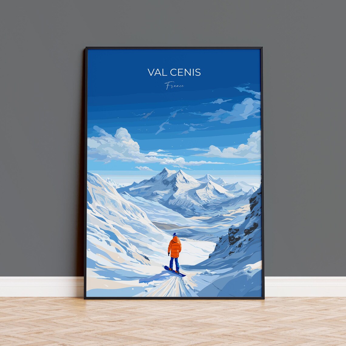 Val Cenis France Snowboarder Alpine Peak Modern Travel Poster