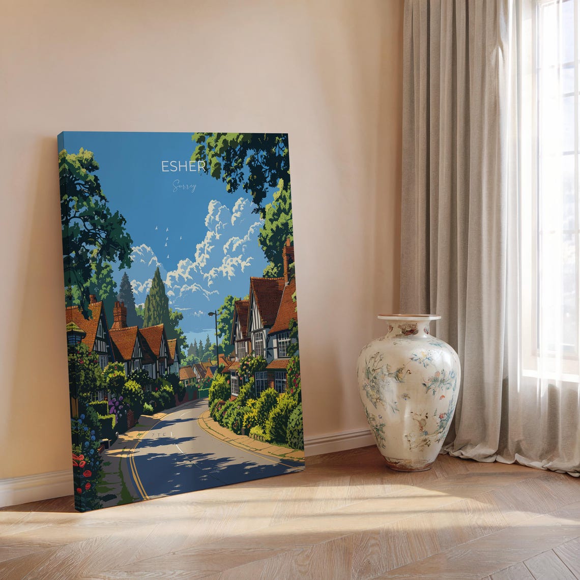 Esher Surrey Tudor Cottages Winding Street Modern Travel Poster - Image 2