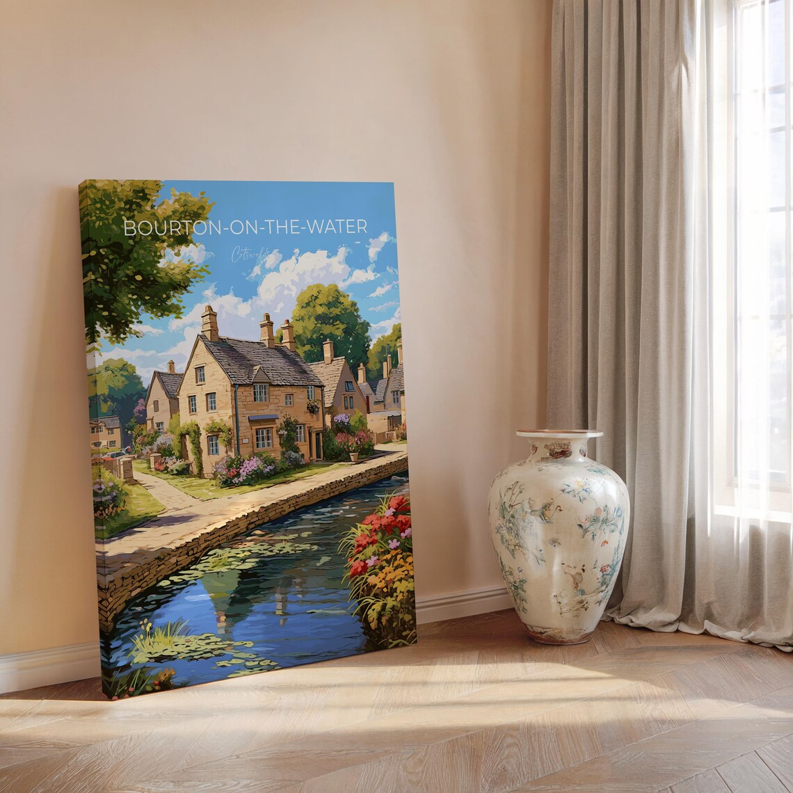 Bourton-on-the-Water Cotswolds River Stone Cottage View Poster - Image 2