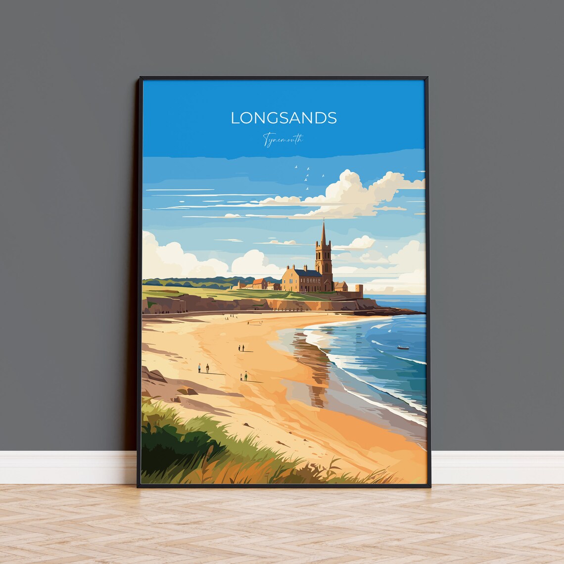 Longsands Tynemouth Golden Beach Church Seaside Travel Poster