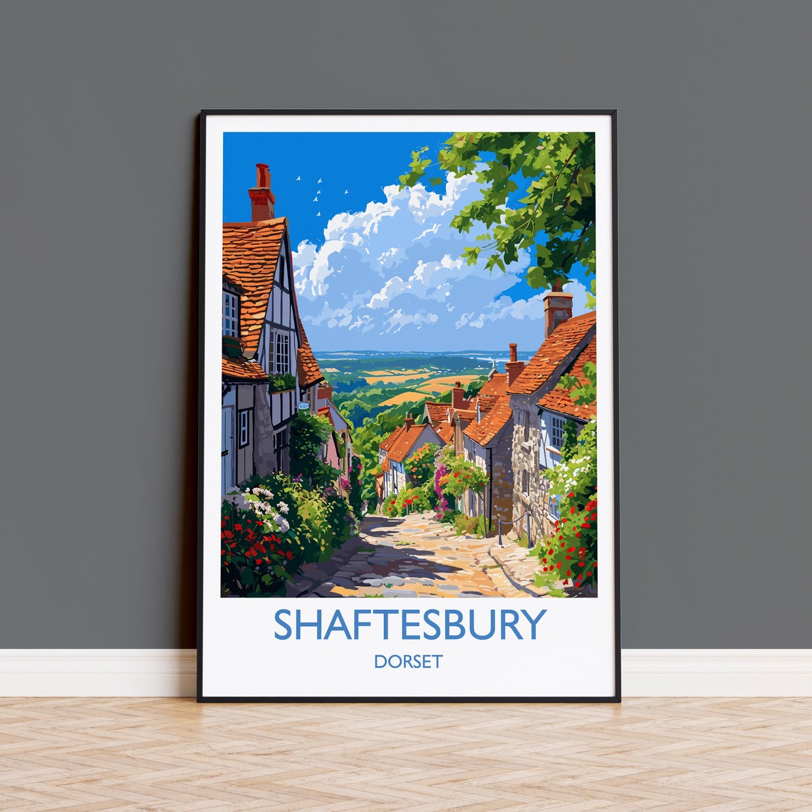Shaftesbury Dorset Gold Hill Cobbles Stone Cottages Valley View Poster