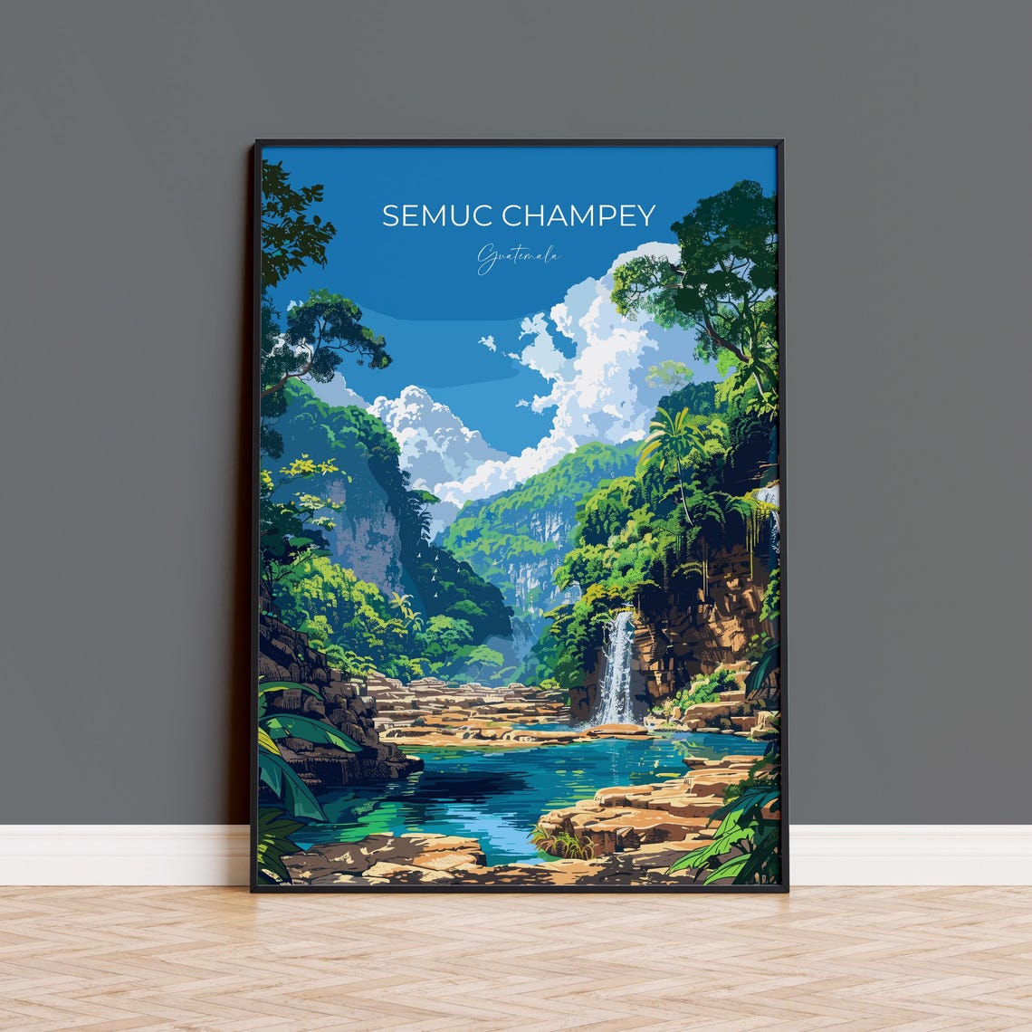 Semuc Champey Guatemala Jungle Waterfall Modern Travel Poster