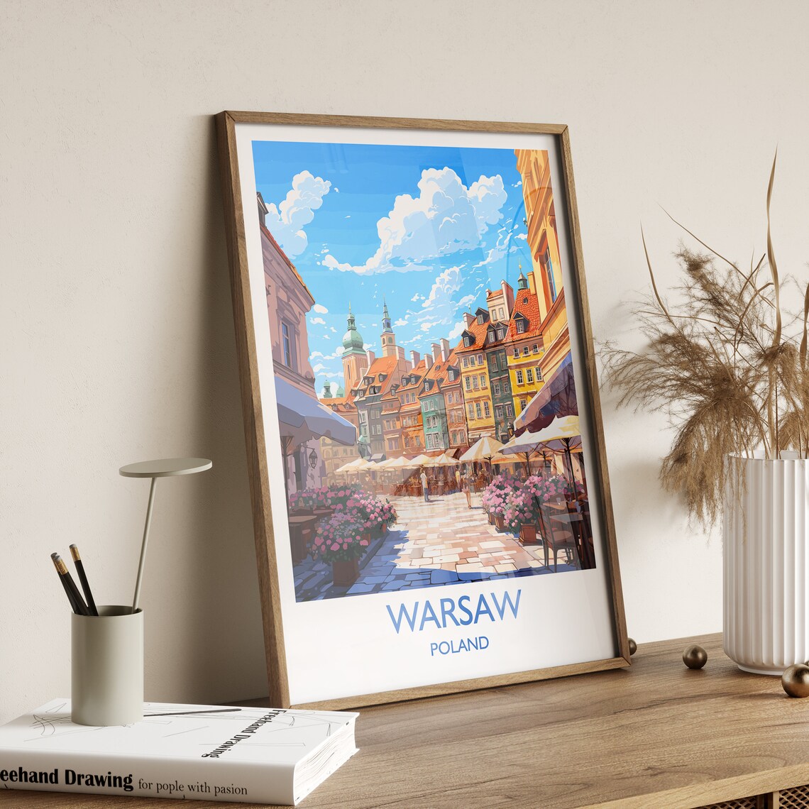 Warsaw Poland Travel Poster Old Town Square Market Street Scene - Image 2