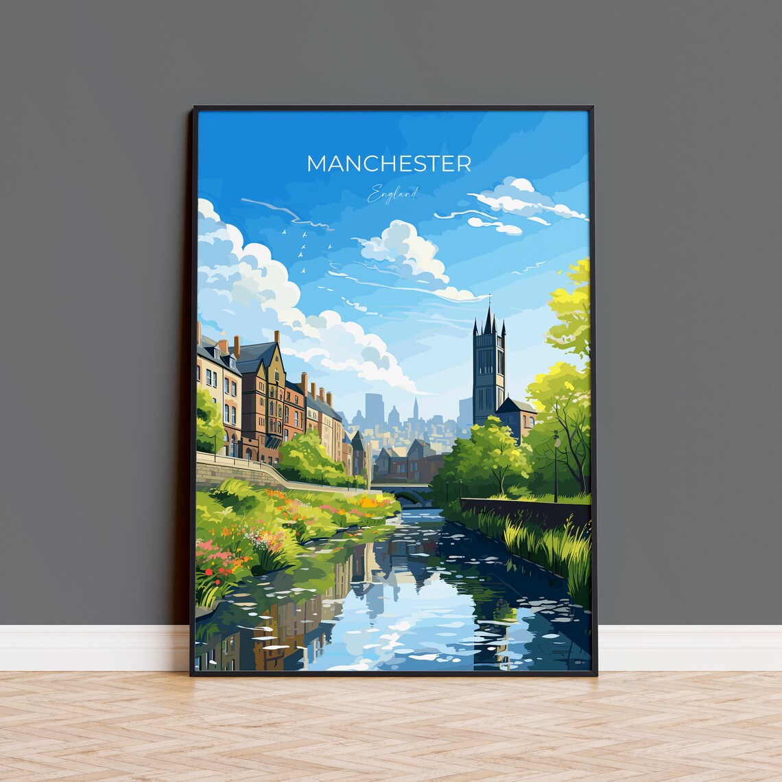 Manchester England Historic Canal District Cityscape Art Poster