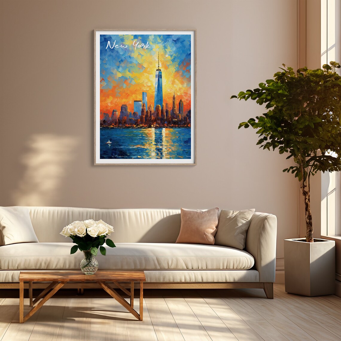 New York City Sunset Skyline Abstract Oil Painting Travel Poster - Image 4