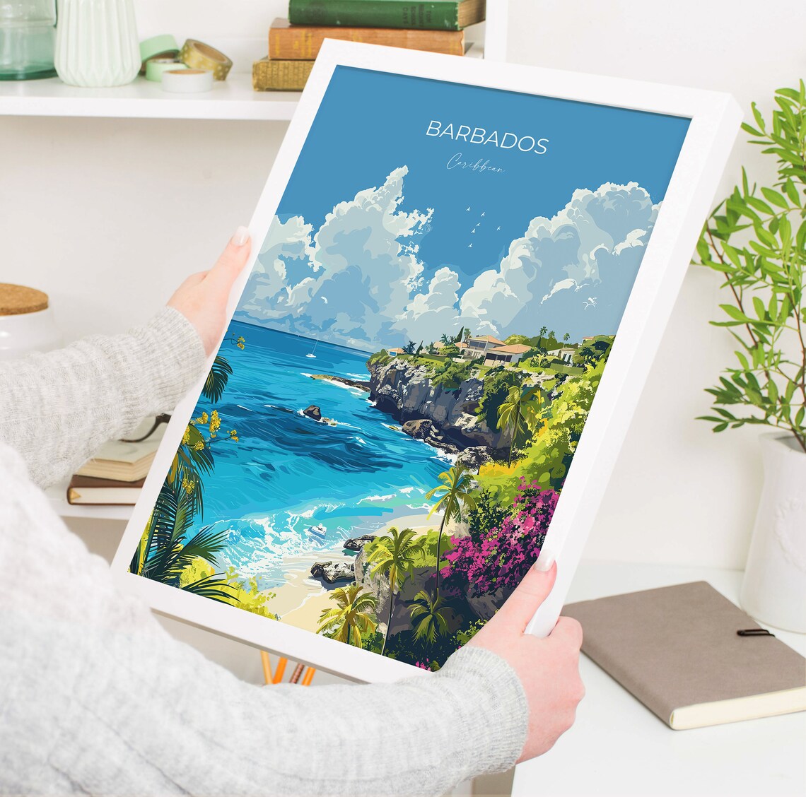 Barbados Caribbean Cliffside Villas Turquoise Sea Beach Travel Poster - Image 3