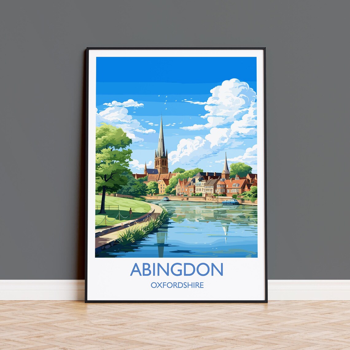Abingdon Oxfordshire River Bend Spires Vintage Travel Poster