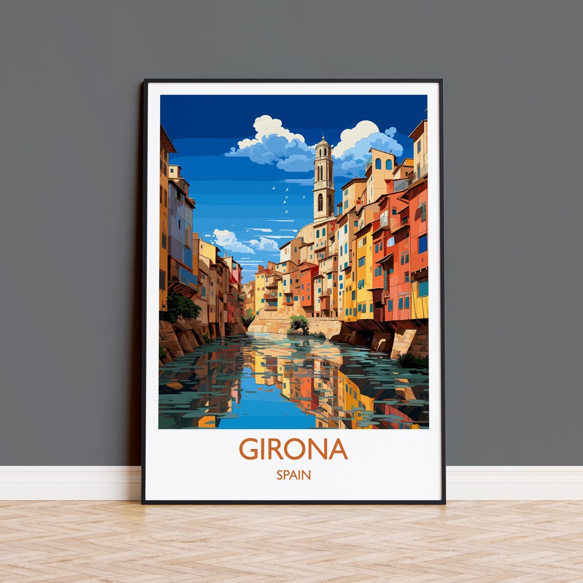 Girona Spain Riverside Old Town Houses Bright Blue Sky Travel Poster