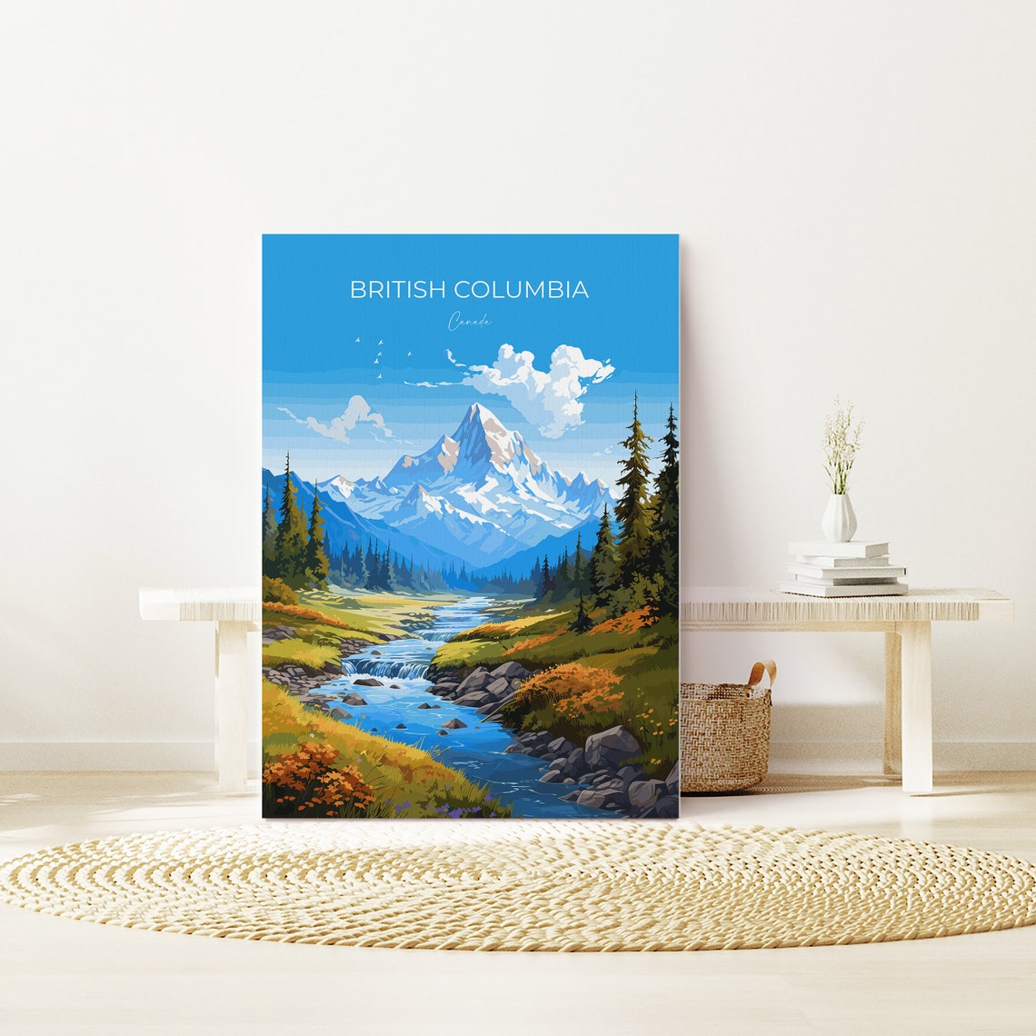 British Columbia Canada Snow Peak River Valley Travel Poster - Image 3